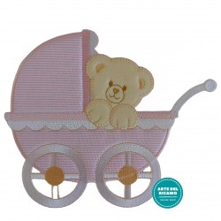 Iron-on Patch - Baby Pram with Teddy Bear - Pink